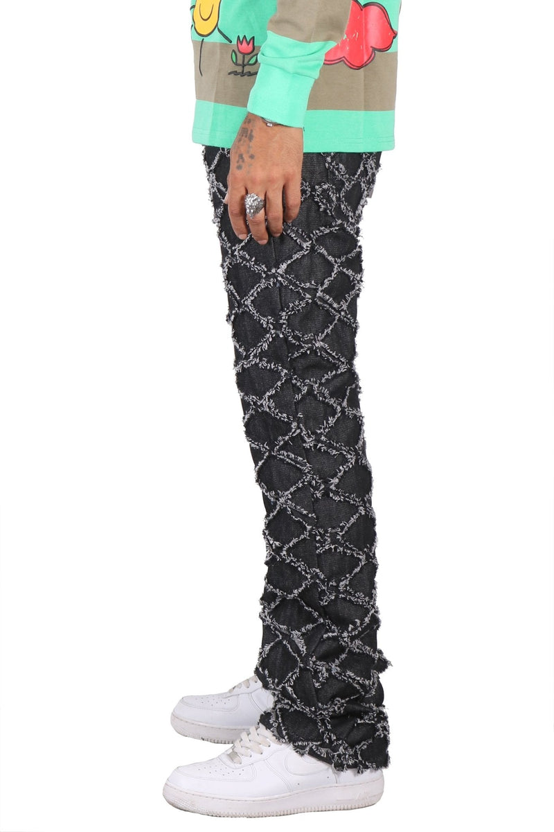 ACE Men's premium rip&repair flare stacked fit quilted denim pants